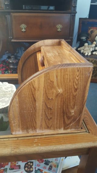 Vintage CORNWALL Bread Box Solid Oak (?) Wood Roll Top Shelf 15 x 10 x 10 