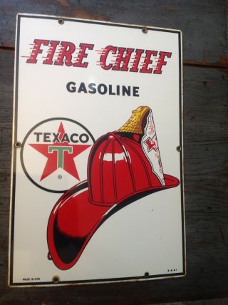 Vintage Texaco Fire Chief Gasoline Porcelain Enamel Sign.  Gas Pump.  1961