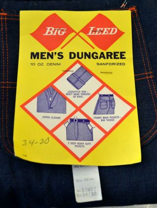 Vtg 1960s Big Leed Men ' s Dungarees Deadstock NWT 34 X 30 Indigo Denim Jeans 2