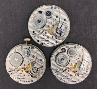 3 Hamilton 1946 &1936 10s 17j Pocket Watch Movement 917/1 X124292 Parts/repair