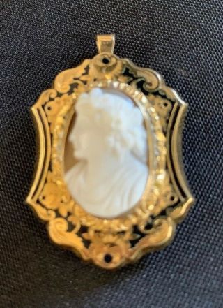 Victorian Mourning Pendant Shell Cameo Gold Frame With Black: Enameling