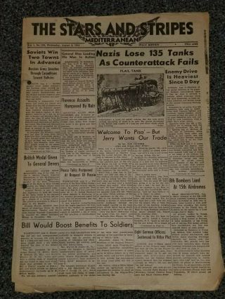 Wwii Stars And Stripes Newspaper Dated August 9,  1944 Florence Assaults Hampered