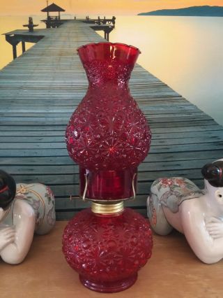 Vintage Le L E Smith Glass Ruby Red Daisy Button Oil Lamp & Shade Eagle Burner