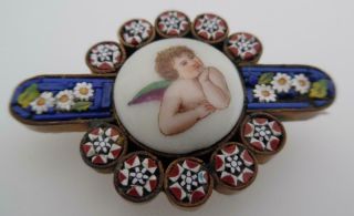 Antique Victorian Venetian Italian Italy Micro Mosaic Cherub Cameo Brooch (f12