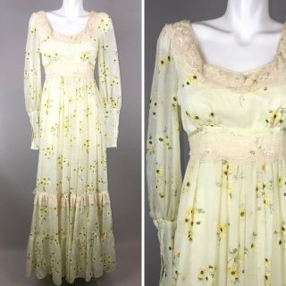 Vtg 70s Gunne Sax Sunflower Prairie Maxi Dress Lace Yellow Bridal Hippie Size 11