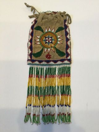 Antique Vintage Native American Hand Beaded Hide Apache Possibles Bag 13 "