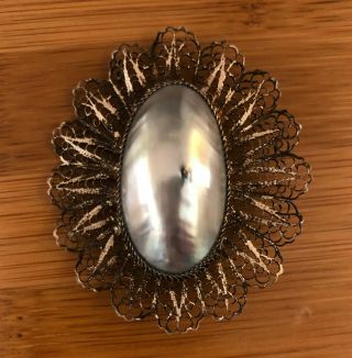 Vintage Art Nouveau Sterling Silver Filigree Abalone Blister Pearl Brooch Pin