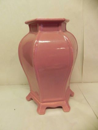 Vintage Chinese Polygon 6 Footed Sided Floor Vase Dusty Rose Pink Porcelain 16 "