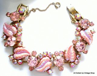 Vintage Juliana D & E Bracelet Pink Ab Rhinestones Pink Iridescent Large Leaves