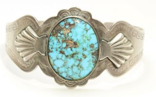 Vintage Navajo Sterling Silver Harvey Stamped Spiderweb Turquoise Cuff Bracelet