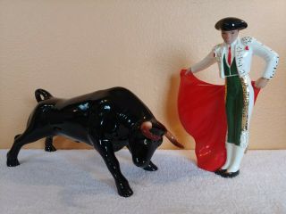 Vintage Miramar Of Ca 2 Pc.  Ceramic Spanish Bullfighter & Bull Large Figurines