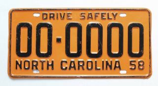 Vintage North Carolina 1958 Drive Safely Sample License Plate,  00 - 0000,  One