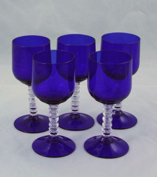 5 Vintage Morgantown Glass Cobalt Blue Disc Stem Glasses 5 - 3/8 " 5 Oz