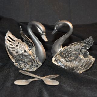 Vintage Pair Crystal Swans Movable Wings Open Salt Cellars With Spoons Italy