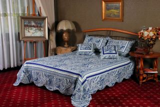 Vintage Cotton Paisley Floral Blue Bell Reversible Bedspread Quilt Twin Full