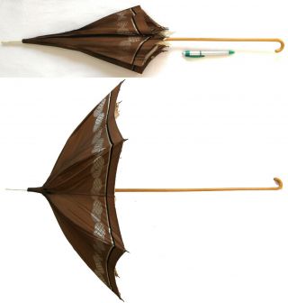 Antique Victorian Brown Silk Long Handled Pagoda Parasol Umbrella Ca.  1855 - 65