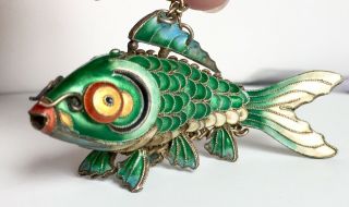 Antique Chinese Export Silver Enamel Articulated 3” Koi Fish Pendent
