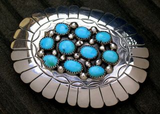 Vintage Signed Navajo Sterling Silver Turquoise Cluster Belt Buckle