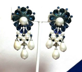 Absolutely Fabulous Trifari Vintage Blue " Sapphire ",  Pearl - Drop Dangle Earrings