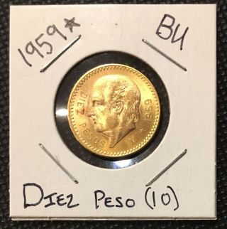 1959 Gold Mexico 10 Pesos Brilliant Uncirculated Coin Diez Peso Rare Coin