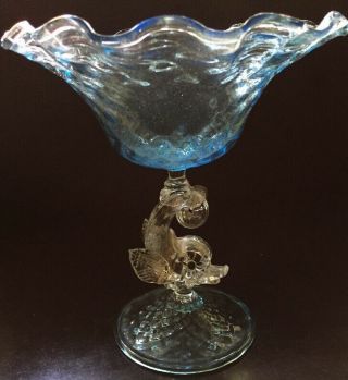 Vintage Murano Glass Footed Candy Dish Bowl Aqua Color Wavy Rim Gold Dolphin