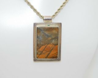 Large Vintage Sterling Silver Jasper Pendant & Thick 18 " Chain - Mexico 31 Grams