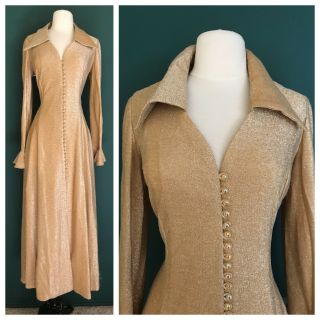 Vtg 70s Gold Metallic Mod Bell Sleeve Twiggy Go Go Opera Coat Dress Gown S/m/l