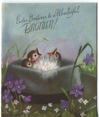 Vintage Sparrows Bird Nest Violet Majorie Cooper Rust Craft Easter Greeting Card