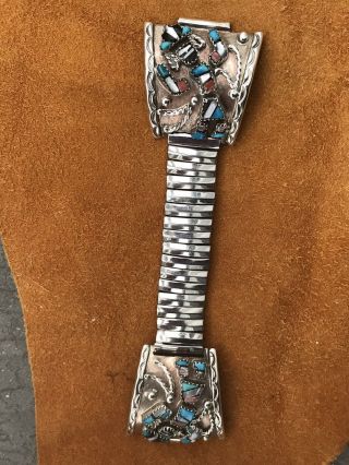 Vintage Sterling Silver Native American Turquoise & Coral Watch Band Bracelet