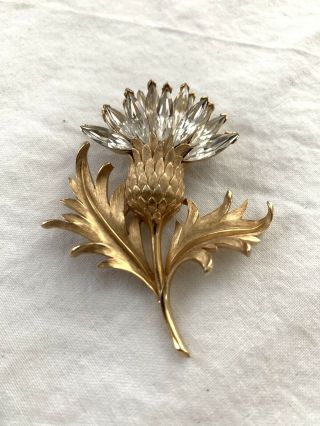 Signed Crown Trifari Vintage Gold Tone Leaf Flower Crystal Brooch Pin