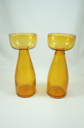 Vintage Amber Blenko Glass Crackle Bud Vase Candle Holders Rare