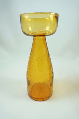 Vintage Amber Blenko Glass Crackle Bud Vase Candle Holders Rare 2