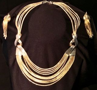 Vtg Costume,  Signed " Boucher " Necklace/earrings,  Set,  Gold Tassel