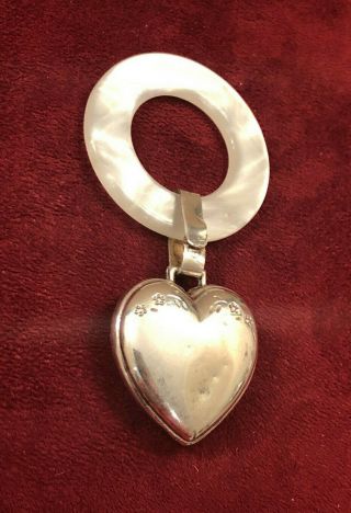 Vintage 1930s Lullaby Sterling Silver & Mother Of Pearl Teething Ring Heart " B "