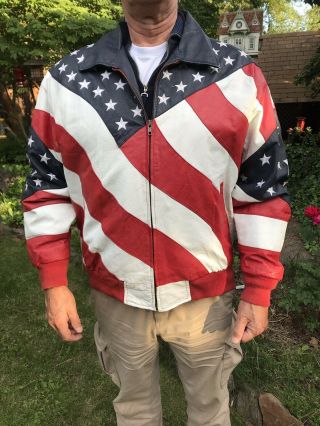 Vintage Michael Hoban Xl Usa Wheremi American Flag Leather Jacket Biker Coat