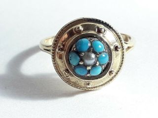 Antique 9ct Gold Turquoise Seed Pearl Ring Size N