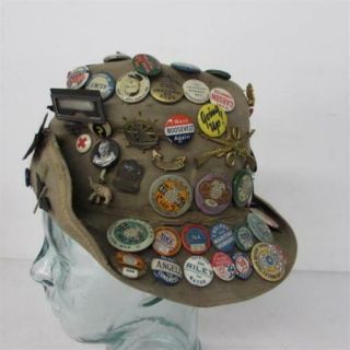Vintage Felt Hat,  Dozens Of Antique/vintage 1920s - 50s Pins Politics Novelty,