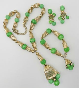 Vintage Napier Gold Tone & Faux Jade Necklace,  Bracelet,  & Earring Set
