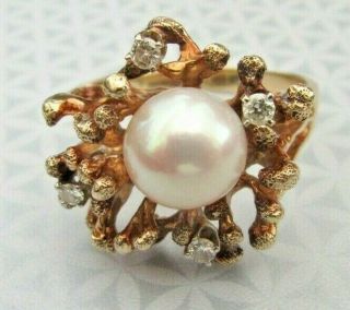 Ladies Vintage 1980s 14k Yellow Gold,  Large Cultured Pearl & Diamond Ring Sz 11