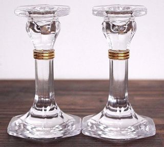 Vintage 2pc Christian Dior Signed Gold Gilt Clear Glass Candle Holder 5 1/4 " Tall
