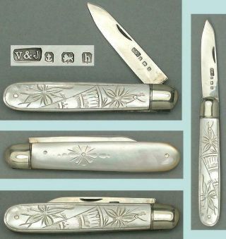 Antique Mother Of Pearl & Sterling Silver Folding Fruit Knife Hallmarked 1907