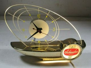 Vintage 1964 Schaefer Beer Lighted Bar Clock Atomic Sailboat Space Age Display 3