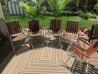 Vtg Aluminum Red Wood Folding Patio Chairs Mid Century Patio Furniture Set Of 5