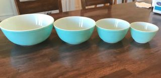 Vintage Set Of 4 Turquoise Aqua Blue Pyrex Mixing Nesting Bowls 401 402 403 404