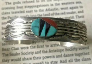 Vintage Navajo Sterling Silver Stamped Inlay Cuff Bracelet Turquoise Signed 7”