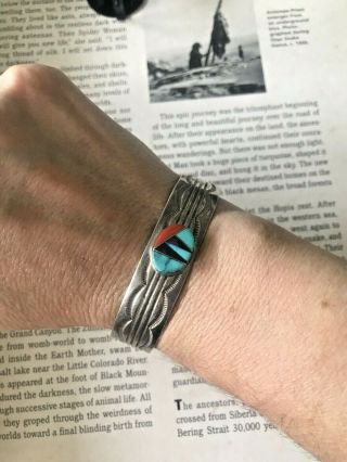 Vintage Navajo Sterling Silver Stamped Inlay Cuff Bracelet Turquoise Signed 7” 5