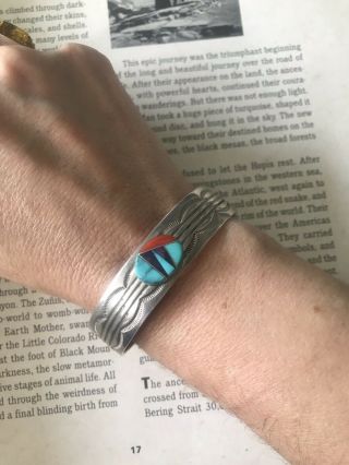 Vintage Navajo Sterling Silver Stamped Inlay Cuff Bracelet Turquoise Signed 7” 6