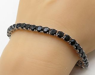 925 Sterling Silver - Prong Set Faceted Black Sapphire Tennis Bracelet - B3909