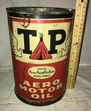 Antique Tp Aero Motor Oil Tin Litho 5 Qt Can Fort Worth Tx Vintage Gas Station