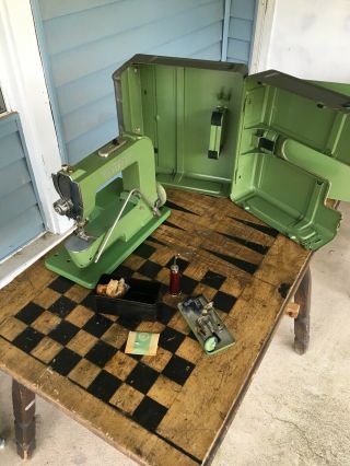 Vintage 1940s Elna Green " Grasshopper " Sewing Machine Case Accessories